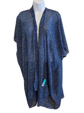 Ocean Pacific Navy Polka Dot Kimono Open Front Sheer Lightweight beach cover up